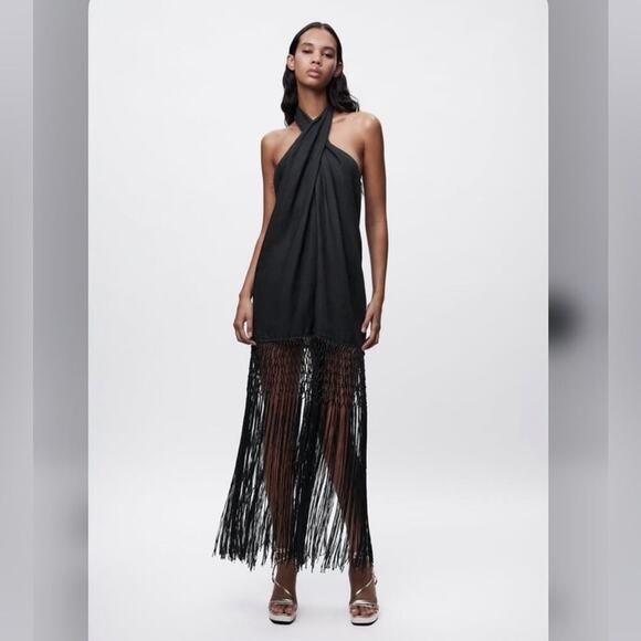 Zara Black LINEN DRESS WITH FRINGE Size Large - Picture 8 of 16